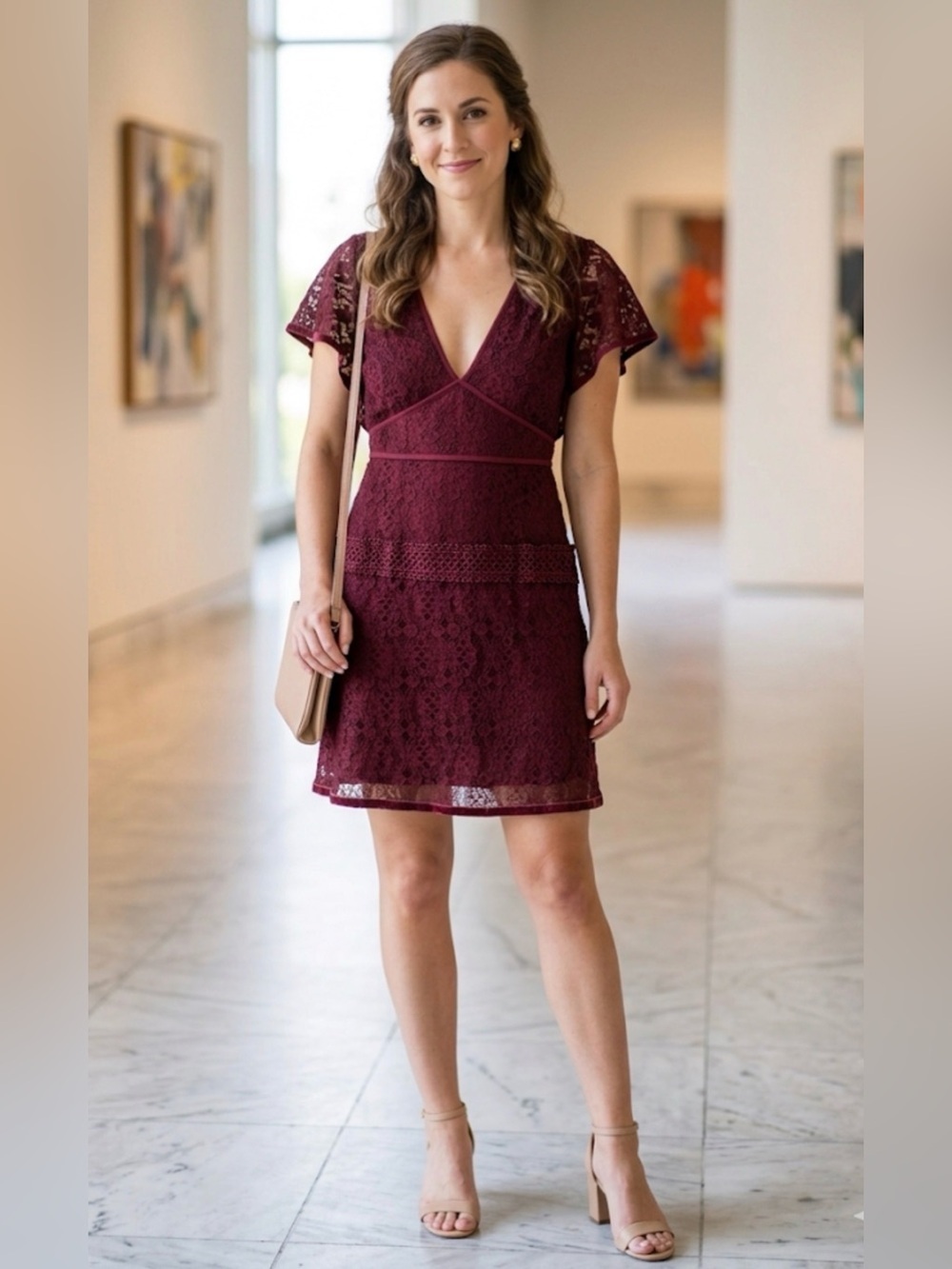 Foxiedox Burgundy Lace Mini Dress V-Neck Flutter Sleeve XS